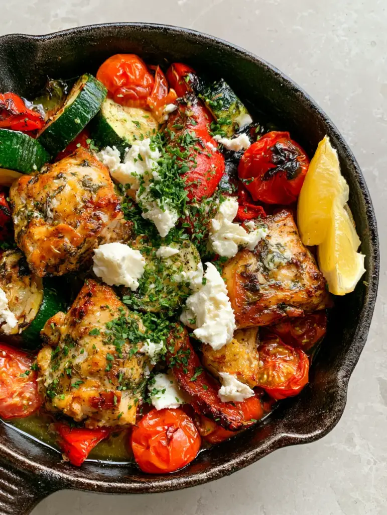 Vibrant zucchini and red peppers with feta and lemon wedges in a one-pot chicken and veggie skillet.