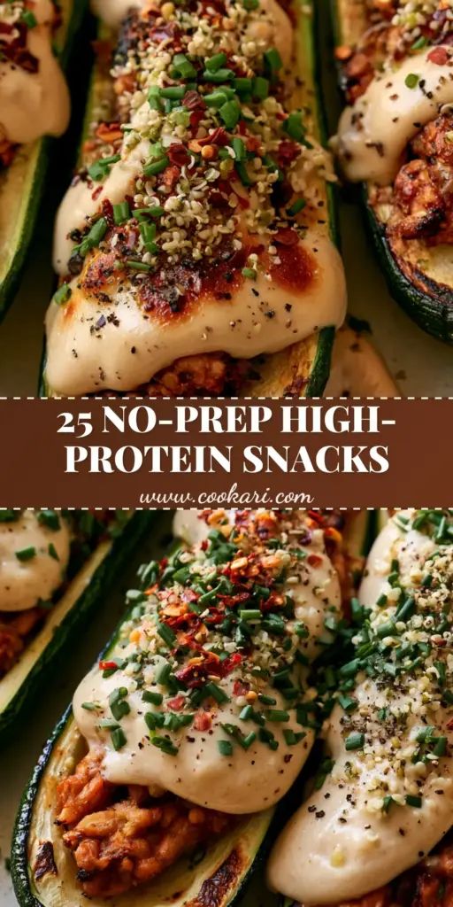 A tray of three roasted zucchini boats topped with tempeh, walnuts, and melted almond mozzarella, a perfect example of high-protein vegan snacks.
