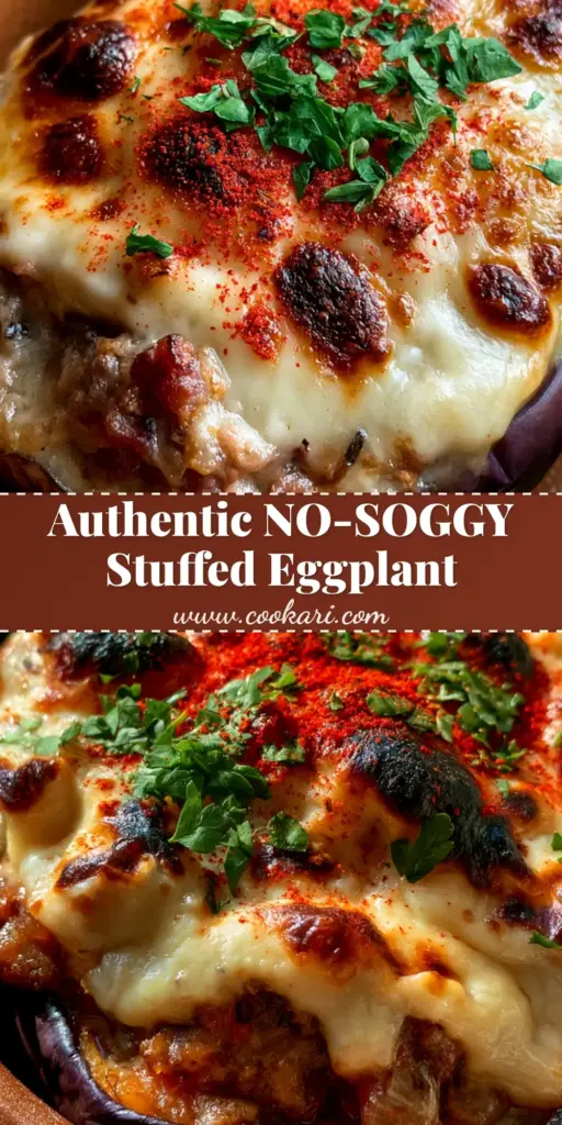 Spanish Stuffed Eggplant (Berenjenas Rellenas) 3 A close-up vertical shot of Spanish Stuffed Eggplant in a terracotta dish, featuring bubbling Manchego cheese and smoked paprika dusting.