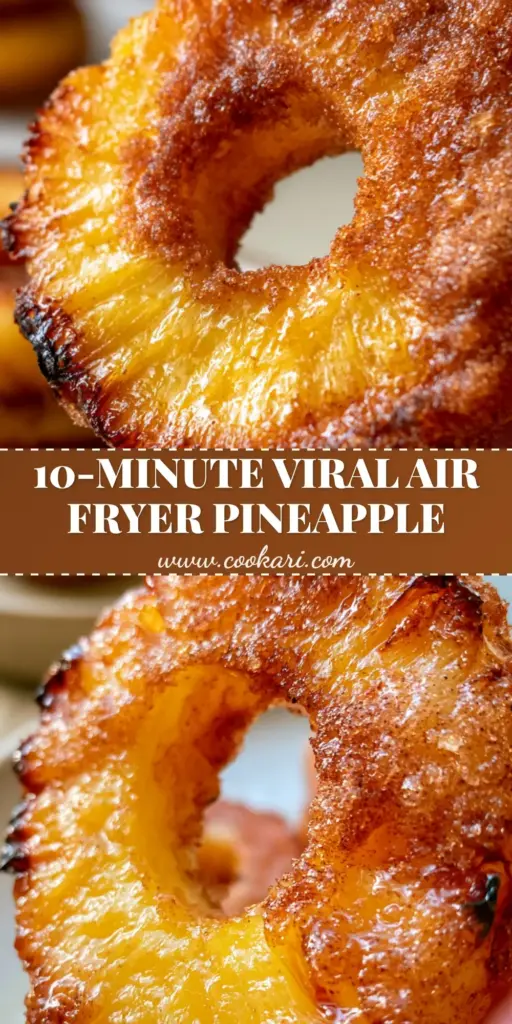 A stack of caramelized air fryer pineapple rings with a bubbling brown sugar crust and cinnamon dusting on a ceramic plate.