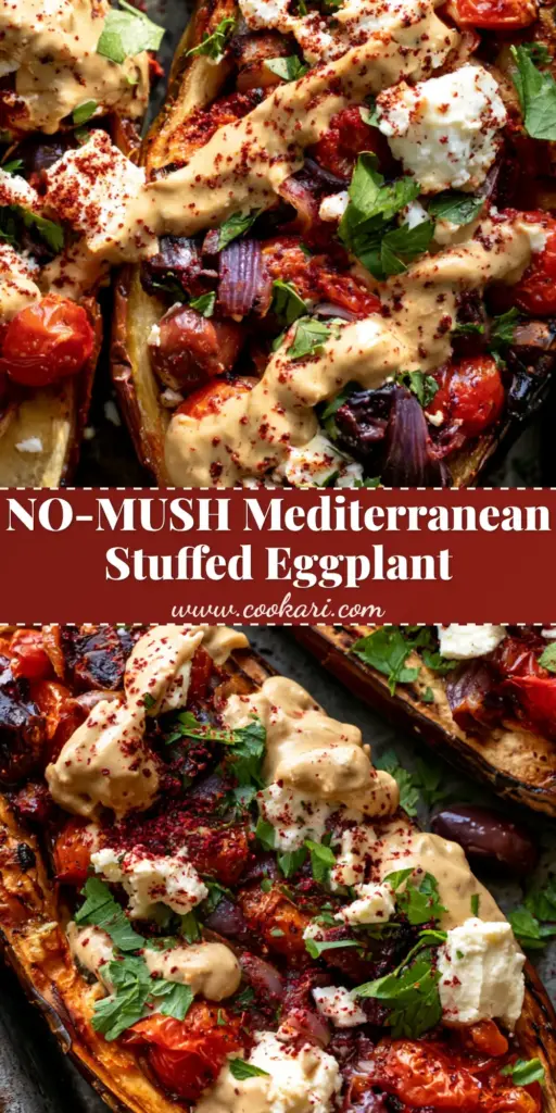 A vertical overhead shot of Mediterranean Stuffed Eggplant halves topped with blistered tomatoes, feta, and a heavy tahini drizzle on a stone background.