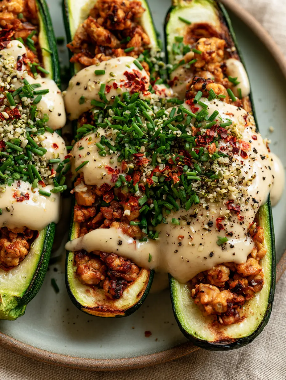 Top-down macro shot of three roasted zucchini boats with bubbling vegan cheese and lemon-tahini drizzle. (vegan snacks)