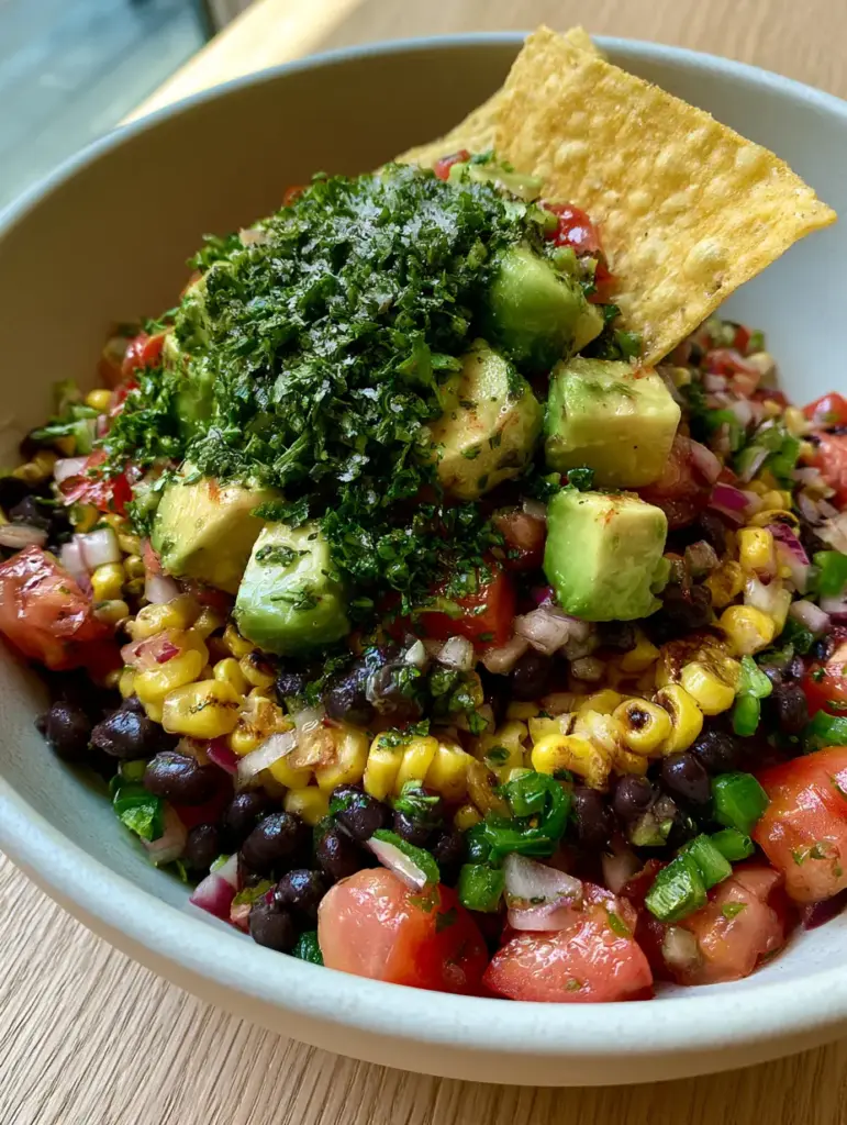 Detailed view of buttery avocado cubes and cilantro dusting on top of a Cowboy Salad.