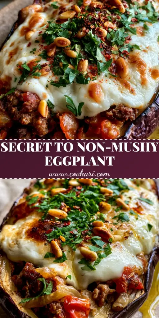 A gourmet Mediterranean Stuffed eggplant boat featuring deep purple skin, bubbling mozzarella with golden spots, and a garnish of toasted pine nuts and parsley.