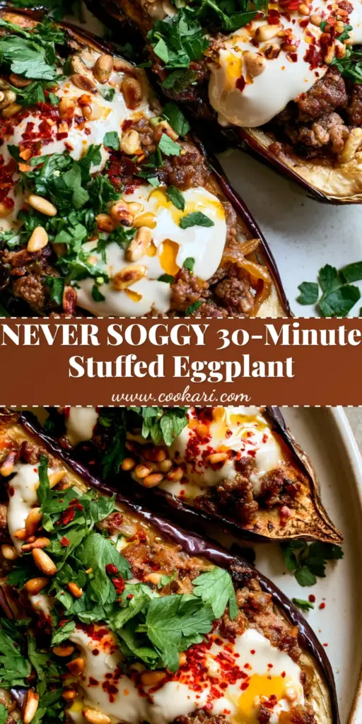 Overhead shot of two Mediterranean eggplant boats stuffed with savory ground beef, caramelized onions, and thick tahini drizzle. (stuffed eggplant with ground beef)