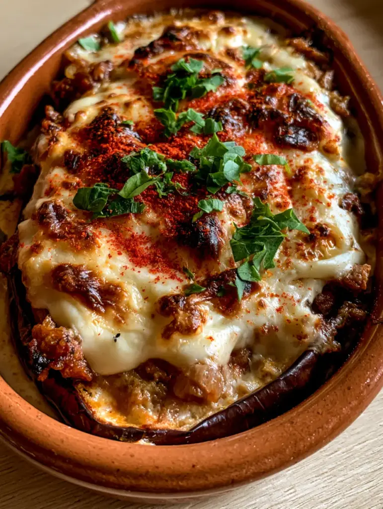 Spanish Stuffed Eggplant (Berenjenas Rellenas) 2 High-angle smartphone photo of Spanish Stuffed Eggplant (Berenjenas Rellenas) with charred cheese spots and fresh parsley garnish.