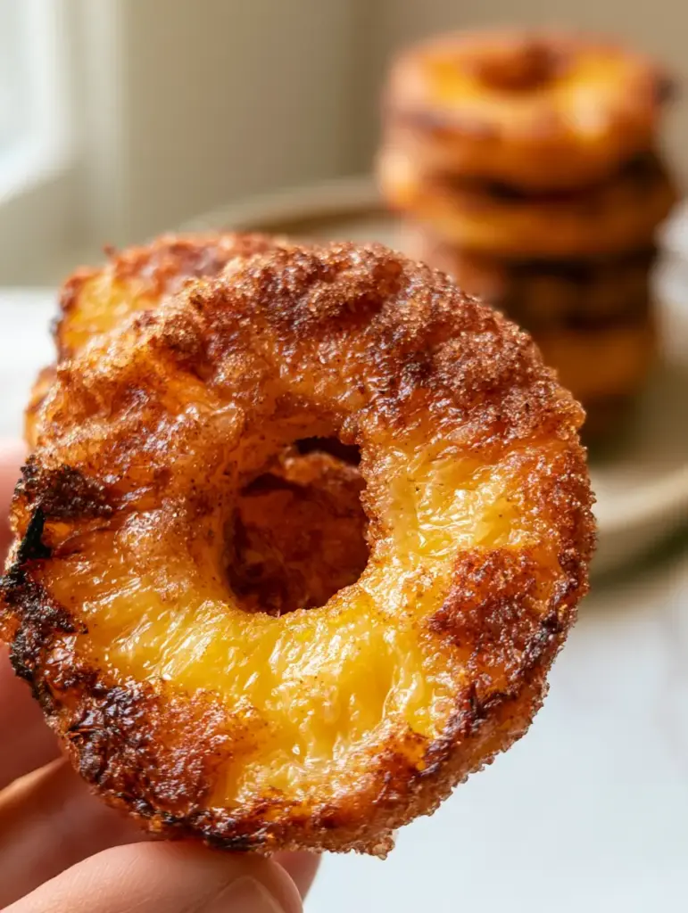 Handheld photo of a single Brazilian-style air fryer pineapple ring showing bubbling sugar and charred edges.