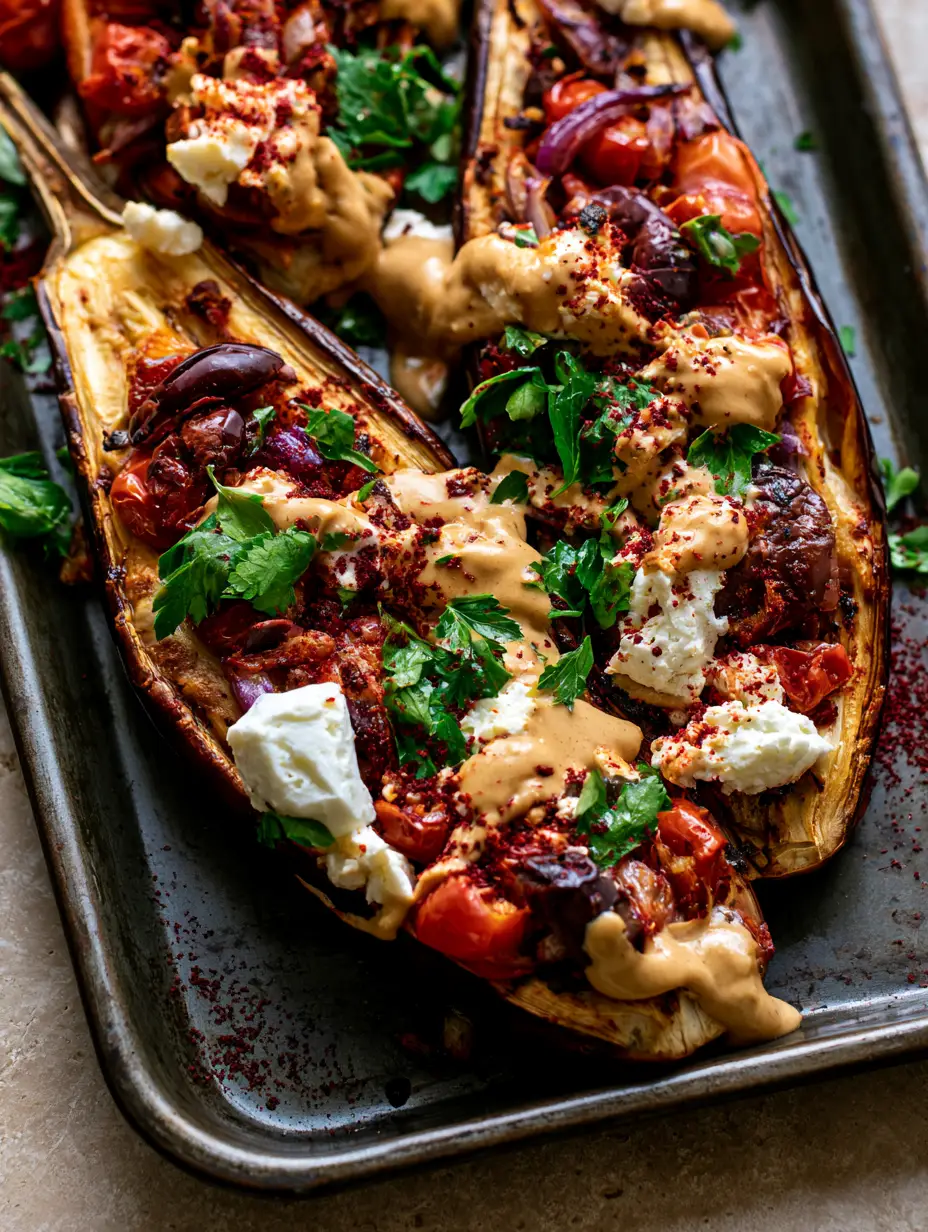 Extreme close-up of two Mediterranean Stuffed Eggplant halves featuring charred caramelized edges and vibrant blistered cherry tomatoes.