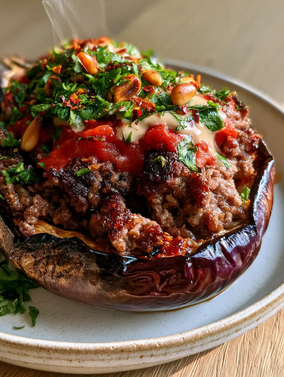 Detailed view of seared ground beef and caramelized onions inside a Stuffed Baked Eggplant.