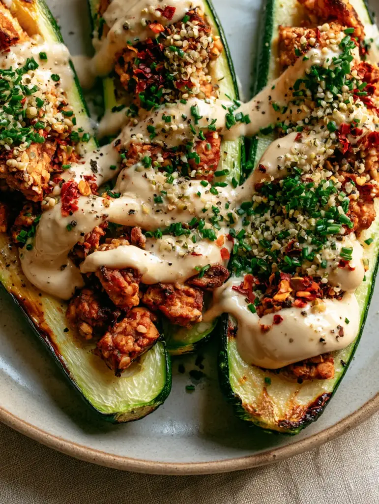 Close-up of seared tempeh and walnut filling inside a charred zucchini boat.