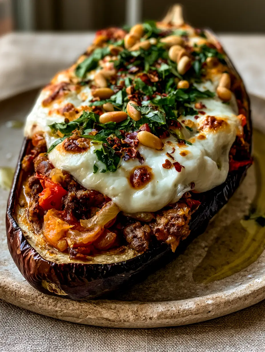 Vertical shot of a Stuffed eggplant boat on a rustic stone plate, showing the textured filling of browned protein and stewed tomatoes.