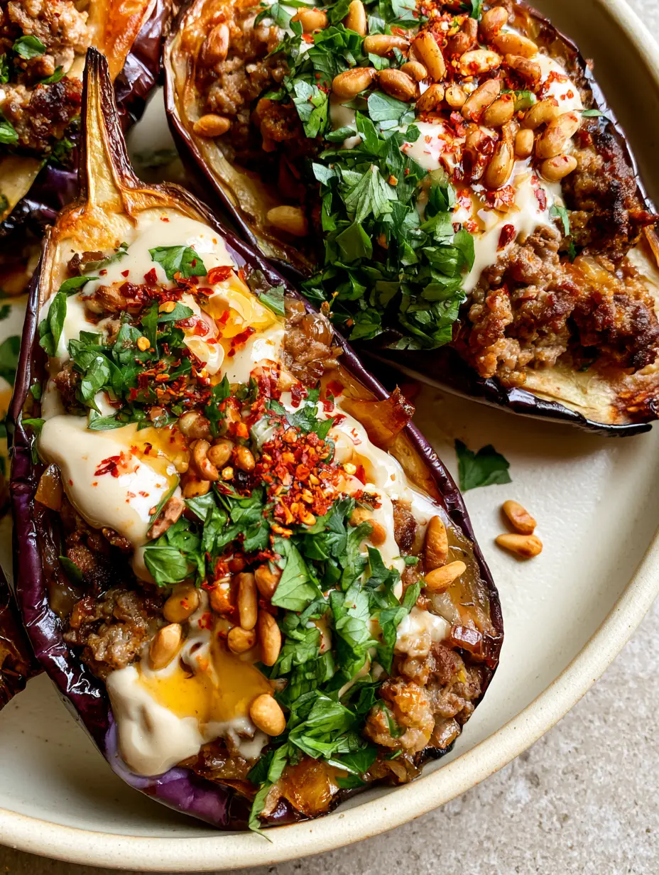 Close-up of charred eggplant skin and browned beef filling with pine nuts. (stuffed eggplant with ground beef)