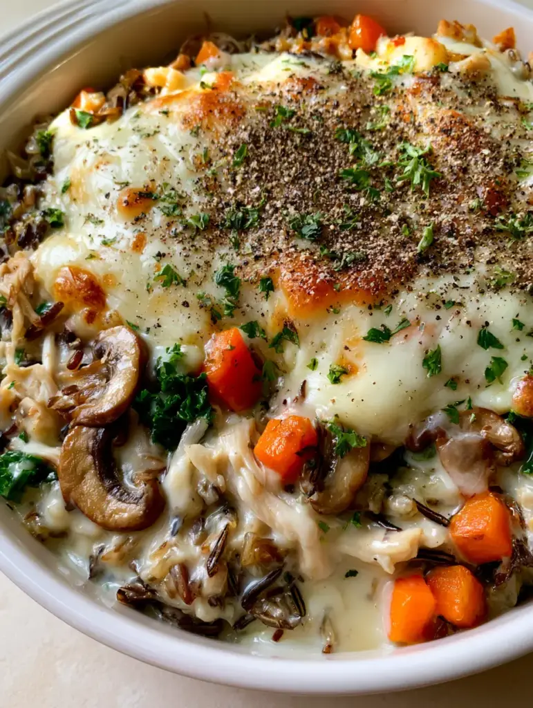 Golden-brown melted mozzarella cheese topping on a wild rice potluck recipe bake.
