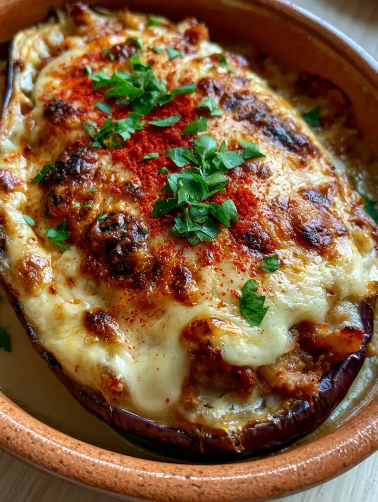 Spanish Stuffed Eggplant (Berenjenas Rellenas) 1 Side view of a Spanish Stuffed Eggplant boat showing the thick layer of ivory-white bechamel sauce.