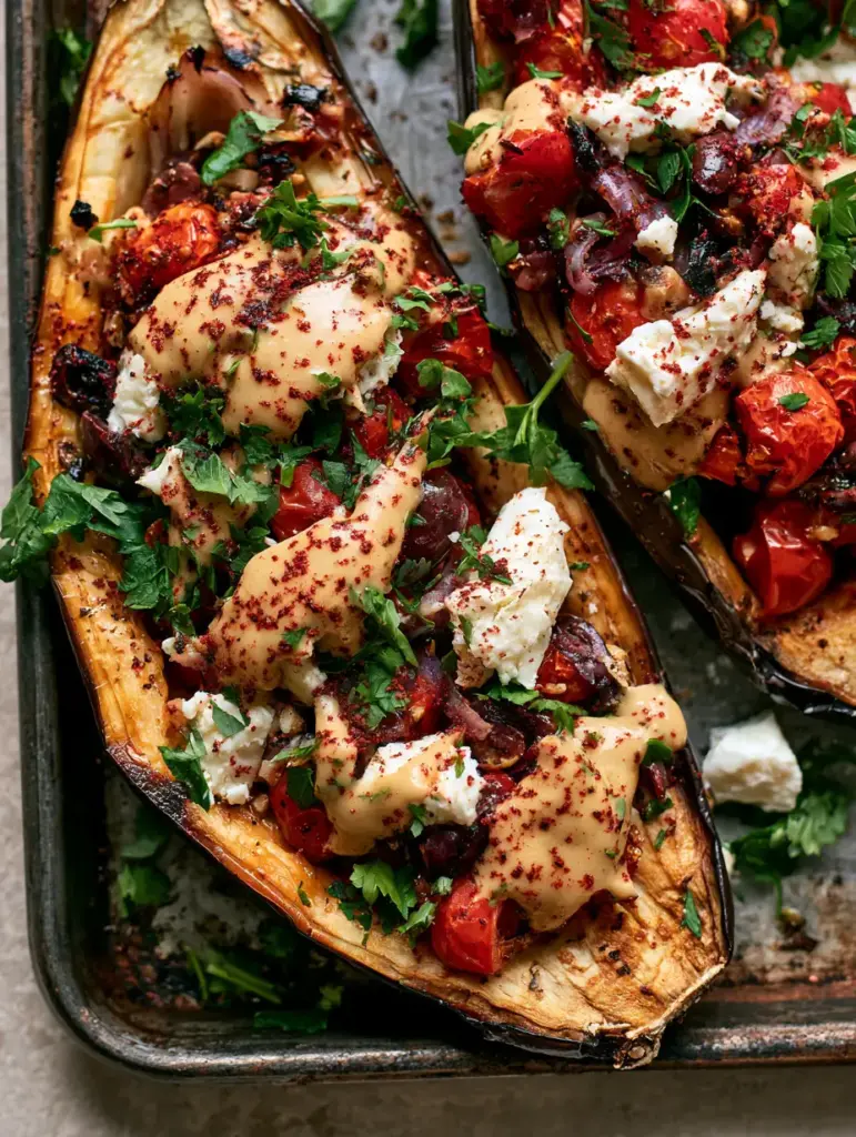 Top view of roasted eggplant halves heavily drizzled with creamy beige tahini and garnished with fresh parsley and feta cheese.