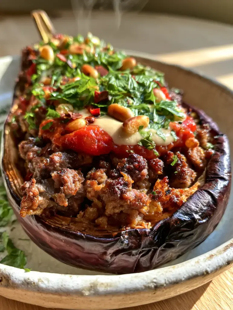 Macro photo of Stuffed Baked Eggplant with steam rising, garnished with pine nuts and parsley.