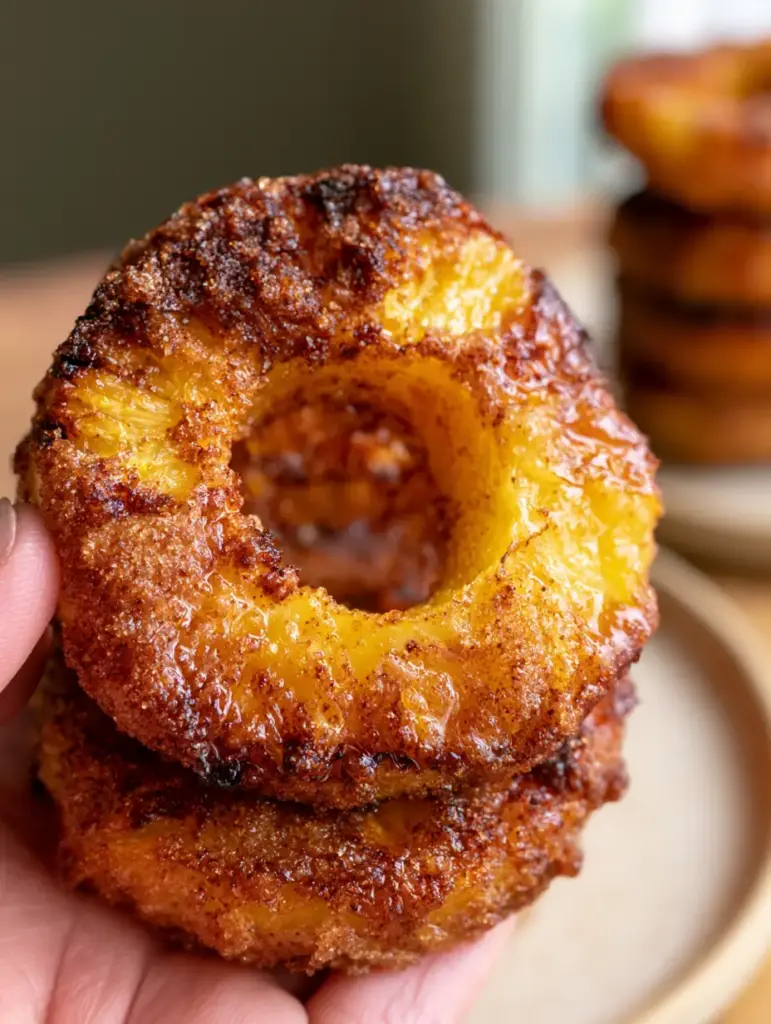 Close up of caramelized air fryer pineapple rings glistening with nectar and warm fruit steam.