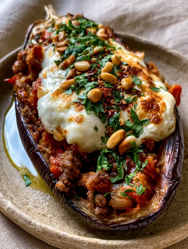 Close-up of melted mozzarella and toasted pine nuts on top of a Mediterranean Stuffed eggplant.