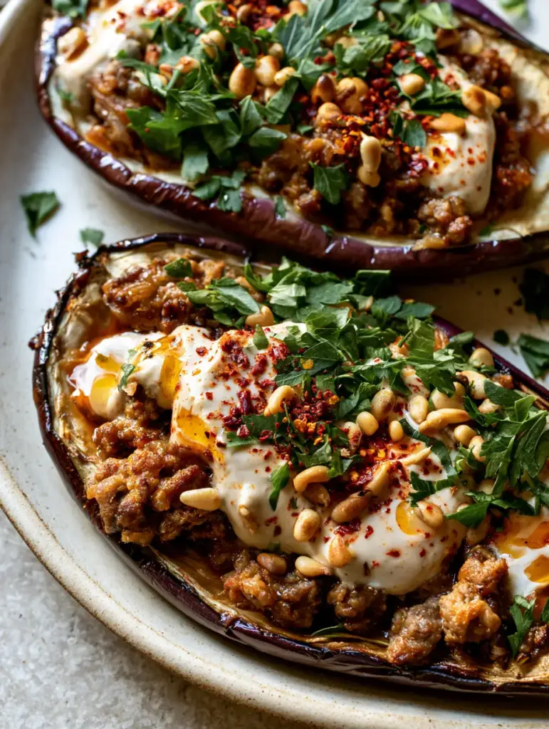 Overhead view of stuffed eggplant with ground beef topped with vibrant parsley and Aleppo pepper flakes.