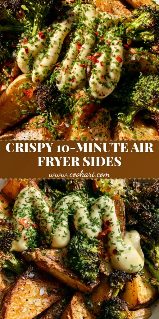 Air Fryer Side Dishes: Extra Crispy Potato Wedges and Charred Broccoli 3 A ceramic bowl filled with extra-crispy golden-brown potato wedges and charred broccoli florets drizzled with garlic aioli. (air fryer side dishes)
