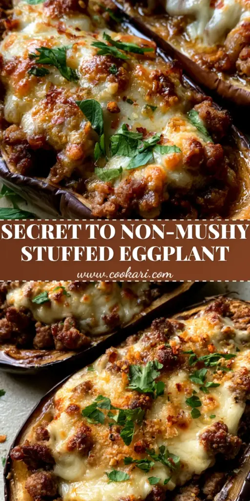 Stuffed Eggplant Recipe With Savory Ground Beef and Melted Mozzarella 3 Two roasted eggplant halves stuffed with seasoned ground beef and topped with melted mozzarella and toasted parmesan cheese on a rustic plate. (Stuffed Eggplant Recipe)