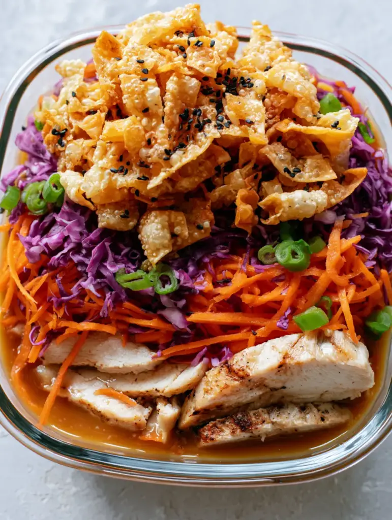 Chinese Chicken Salad with Toasted Sesame Ginger Dressing and Crispy Wonton Strips 1 Close up of golden-brown fried wonton strips and toasted black sesame seeds on a Chinese chicken salad.