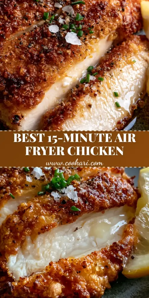 air fryer recipes: The Ultimate Crispy Juicy Chicken Breast 3 Slices of crispy air-fried chicken breast with chives and a lemon wedge on a dark plate. (air fryer recipes)