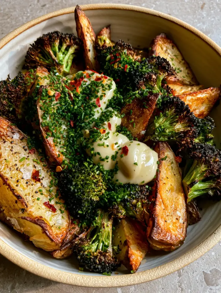 Air Fryer Side Dishes: Extra Crispy Potato Wedges and Charred Broccoli 1 Overhead view of air fryer side dishes in a cream bowl with chili flakes and chives.