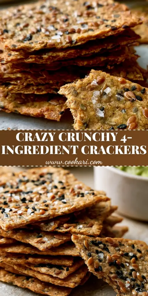 Raw vegan crackers with Golden Flaxseeds and Black Sesame 4 A tall stack of golden Raw vegan crackers with black sesame seeds and sea salt on a stone surface, featuring one snapped cracker in the foreground with a jagged edge.