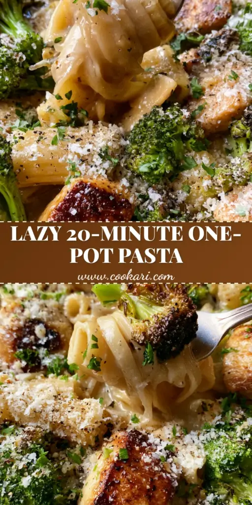Chicken and Broccoli Pasta with Glossy Garlic Butter Sauce 3 A rustic black skillet filled with glossy garlic butter chicken and broccoli pasta with a silver fork twirling rigatoni.