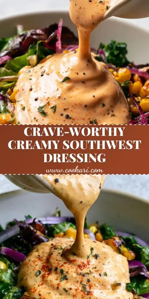 A tall Pinterest pin showing a velvety Southwest Salad Dressing being poured over charred corn, black beans, and purple onions on a bed of romaine lettuce.