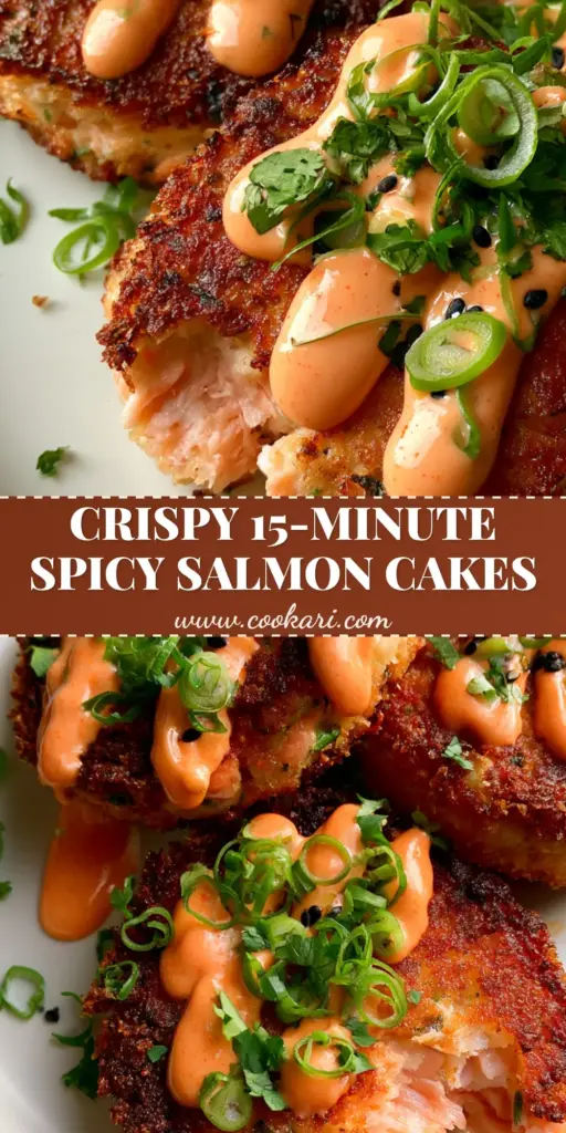 A stack of three crispy golden-brown spicy salmon cakes with a vibrant orange sriracha mayo drizzle and green herb garnish.