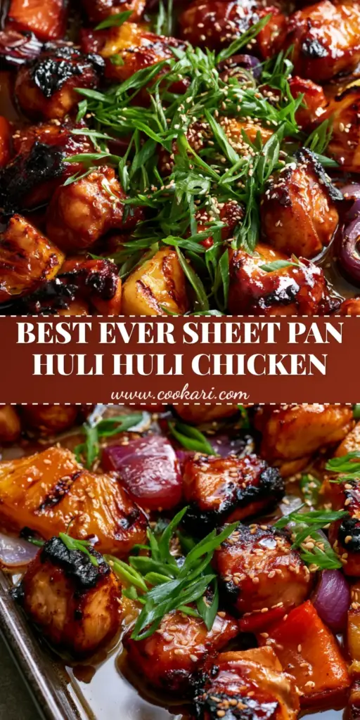 A rustic dark metal sheet pan filled with mahogany Huli Huli Chicken, charred pineapple, and roasted bell peppers garnished with green onions and sesame seeds.