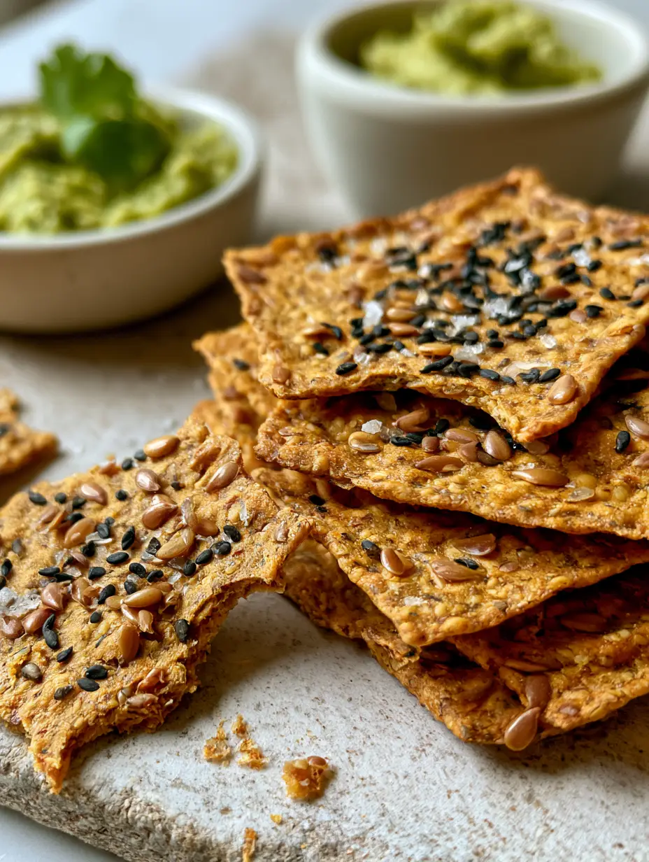 Raw vegan crackers with Golden Flaxseeds and Black Sesame 3 Ultra-macro shot of Raw vegan crackers showing the detailed texture of golden flaxseeds, black sesame seeds, and sea salt flakes.