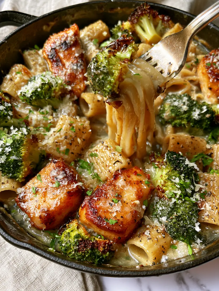 Chicken and Broccoli Pasta with Glossy Garlic Butter Sauce 4 Extreme close-up of golden-brown chicken chunks and charred broccoli in a chicken and broccoli pasta dish.