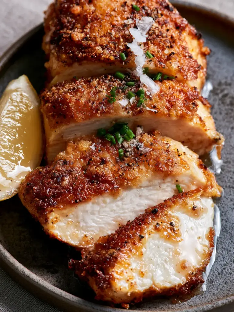air fryer recipes: The Ultimate Crispy Juicy Chicken Breast 1 Sliced chicken breast showing glistening white meat and clear juices.