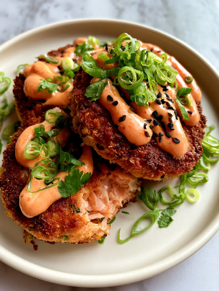Top-down extreme close-up of three thick spicy salmon cakes on an off-white plate with orange mayo drizzle and black sesame seeds.