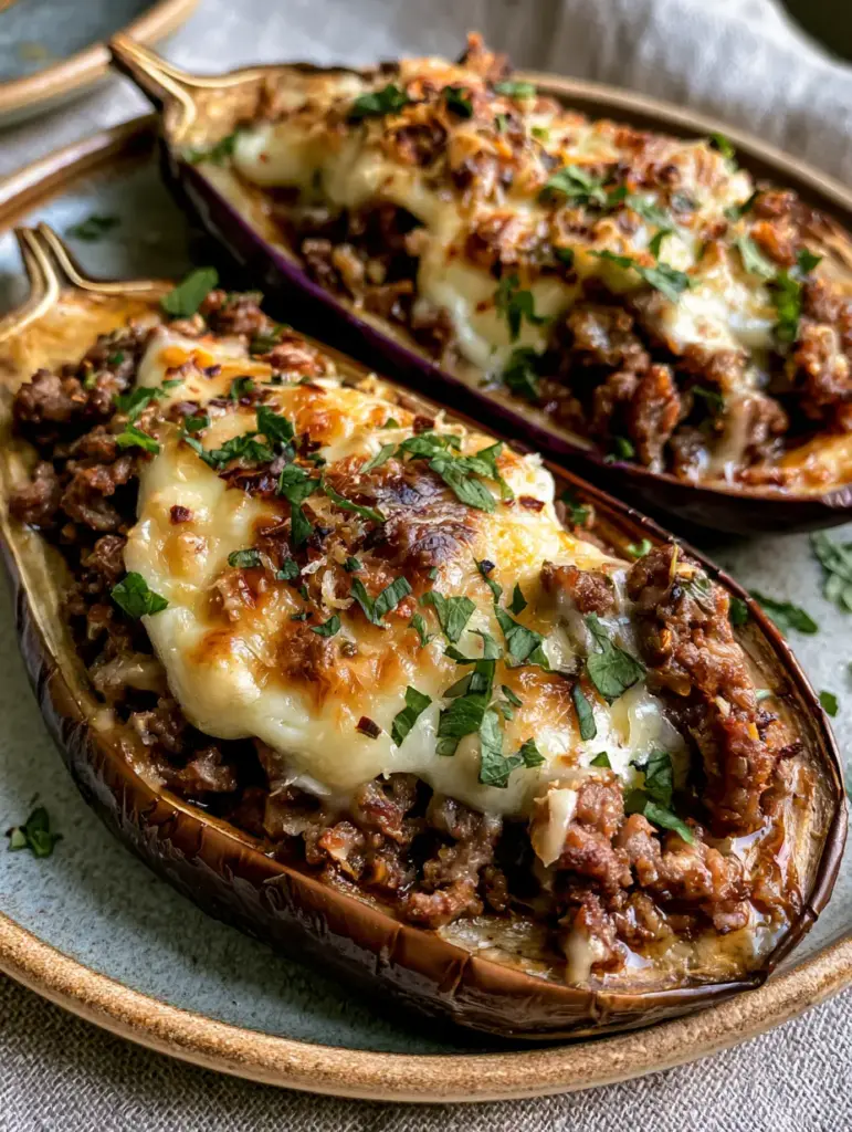 Stuffed Eggplant Recipe With Savory Ground Beef and Melted Mozzarella 1 Top down view of two Mediterranean stuffed eggplant halves on a linen background.