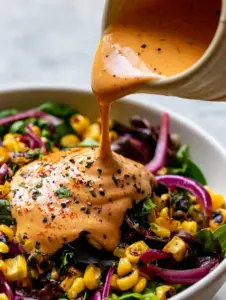 Close up macro shot of thick pale orange Southwest Salad Dressing pouring from a ceramic pitcher onto charred corn and purple onion slivers.