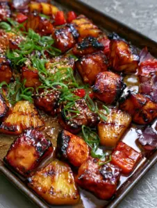 Extreme close-up of chunky Huli Huli Chicken with charred edges and a thick glistening mahogany glaze.