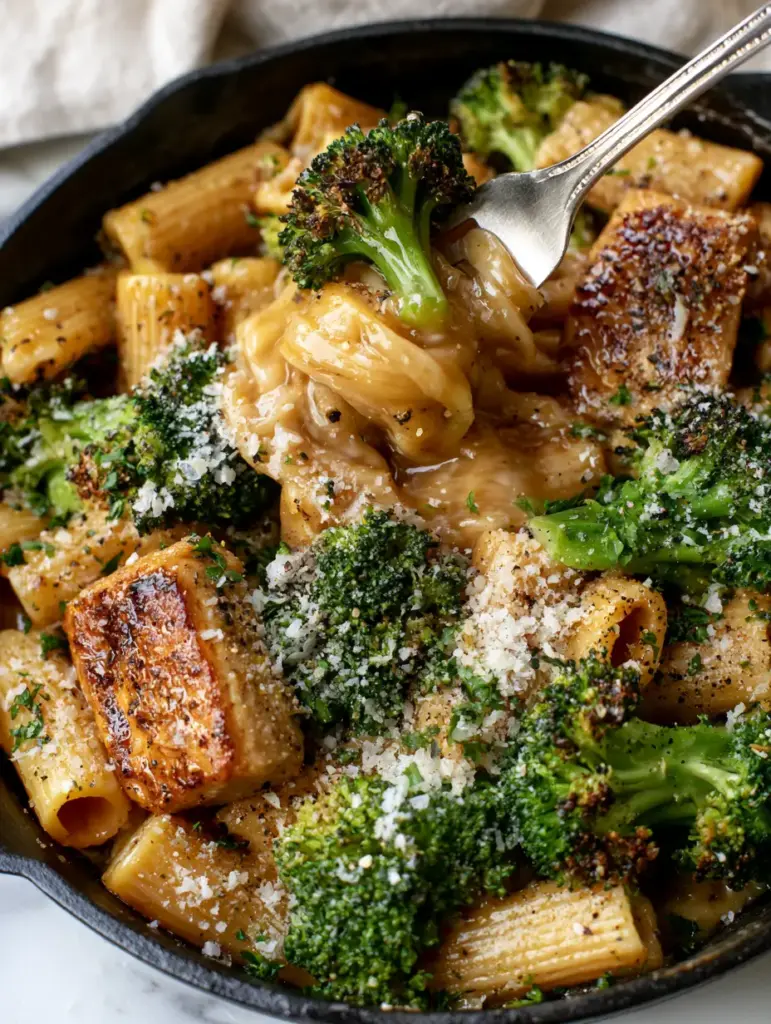 Chicken and Broccoli Pasta with Glossy Garlic Butter Sauce 1 High-angle view of rigatoni pasta coated in a glossy garlic butter sauce garnished with parmesan. (chicken and broccoli pasta)