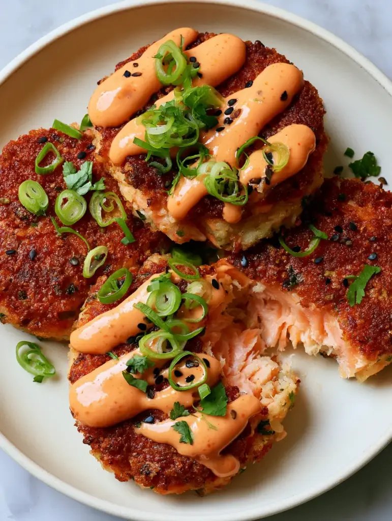 Close-up of a spicy salmon cake with a bite taken out, revealing the moist, flaky pink interior.