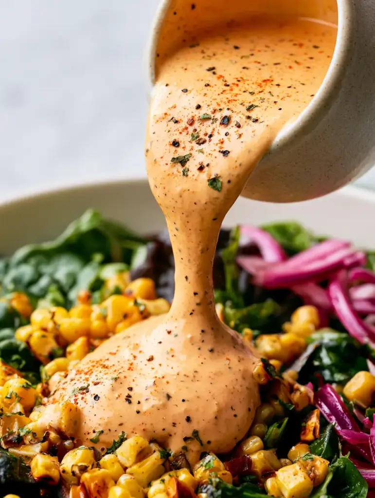 A glossy Southwest Salad Dressing with visible specks of cilantro and black pepper landing on a vibrant salad base.