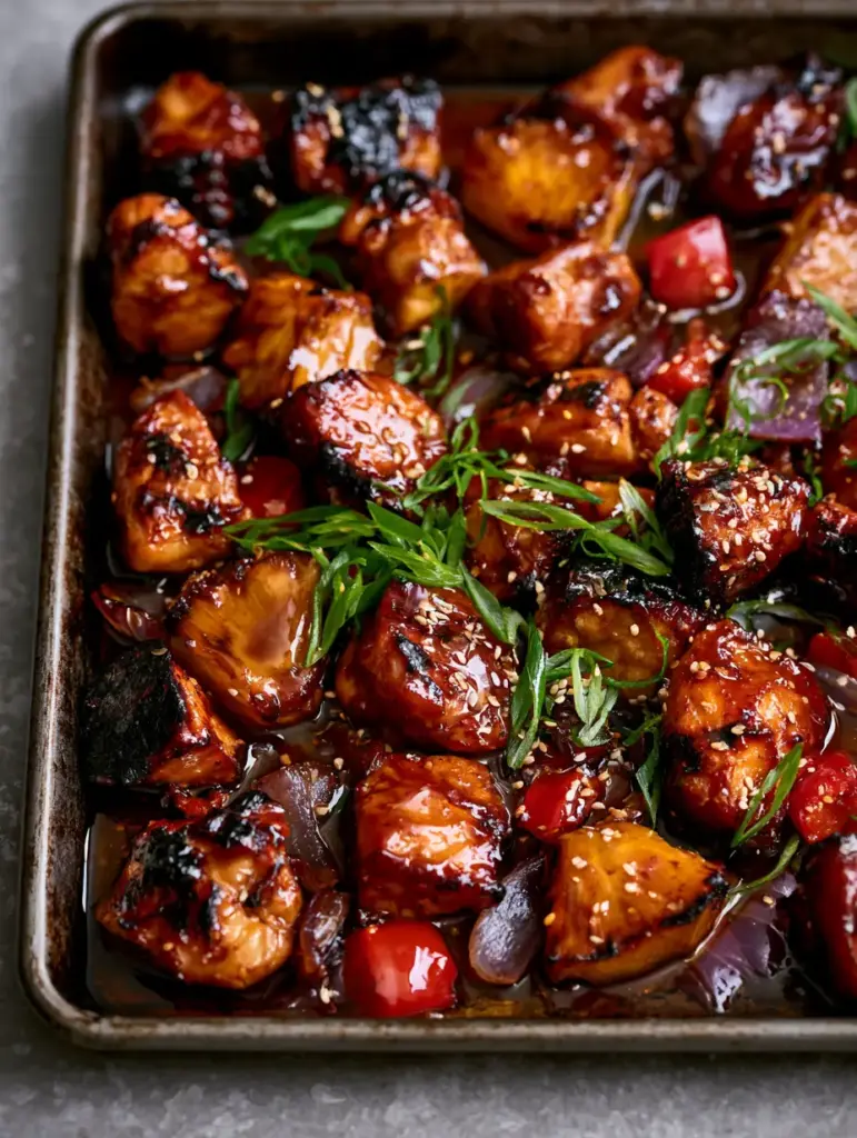 High-angle shot of Huli Huli chicken mixed with roasted green and red peppers and charred pineapple wedges.