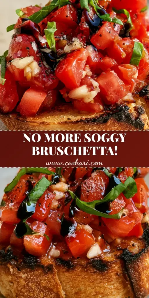 A close-up vertical shot of tomato bruschetta on a stone countertop with balsamic drizzle and fresh basil.
