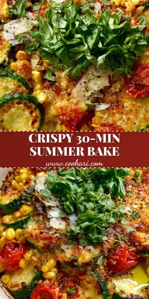 A top-down angled photo of a rustic ceramic dish filled with Zucchini Corn Tomato Bake, featuring charred corn, blistered tomatoes, and a crispy parmesan crust garnished with basil ribbons.