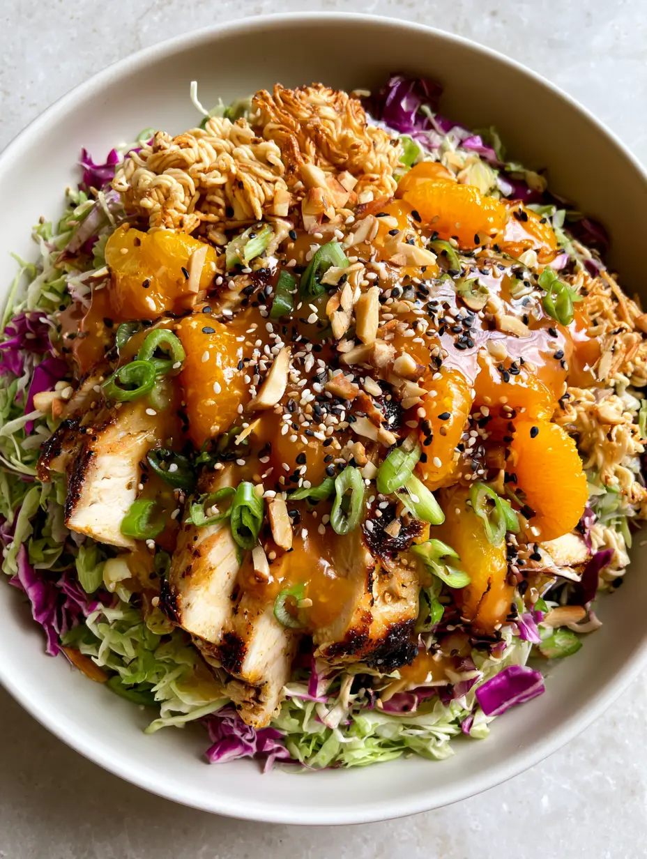Overhead photo of a mountain of shredded cabbage ramen Chinese chicken salad with char-marked chicken and mandarin oranges.