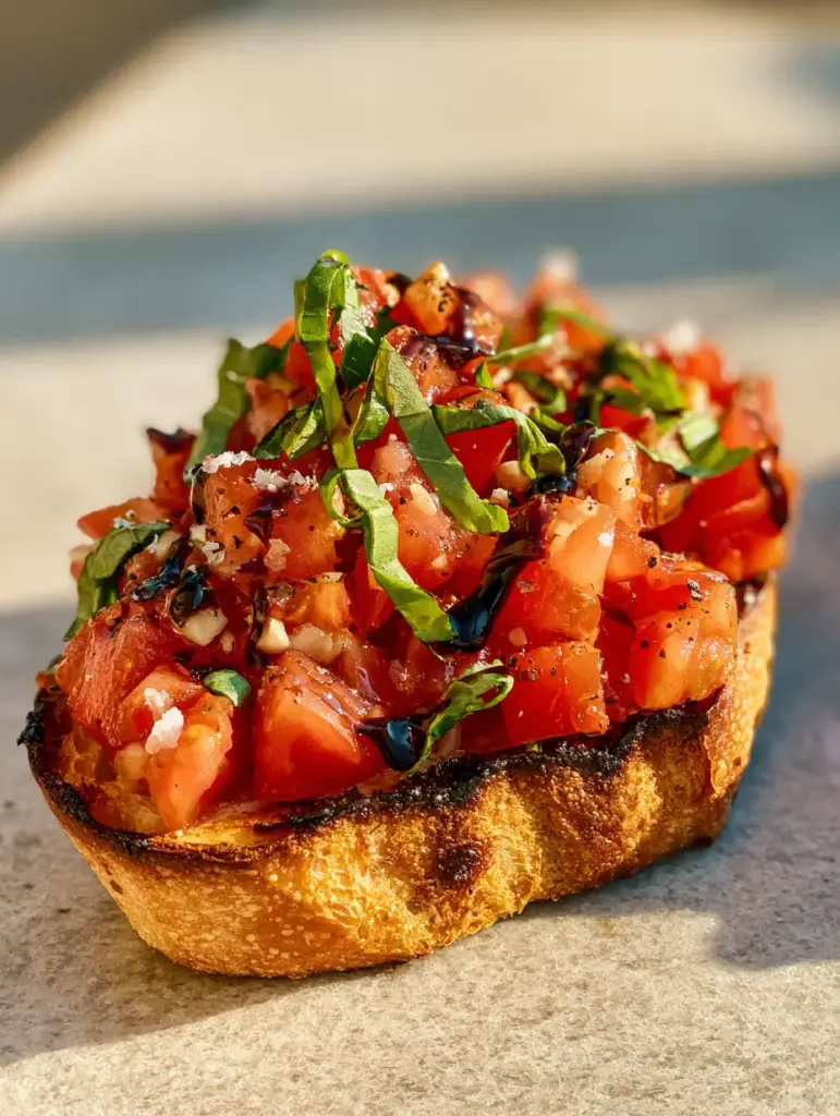 Tomato bruschetta with glossy ebony balsamic glaze web and emerald basil ribbons.