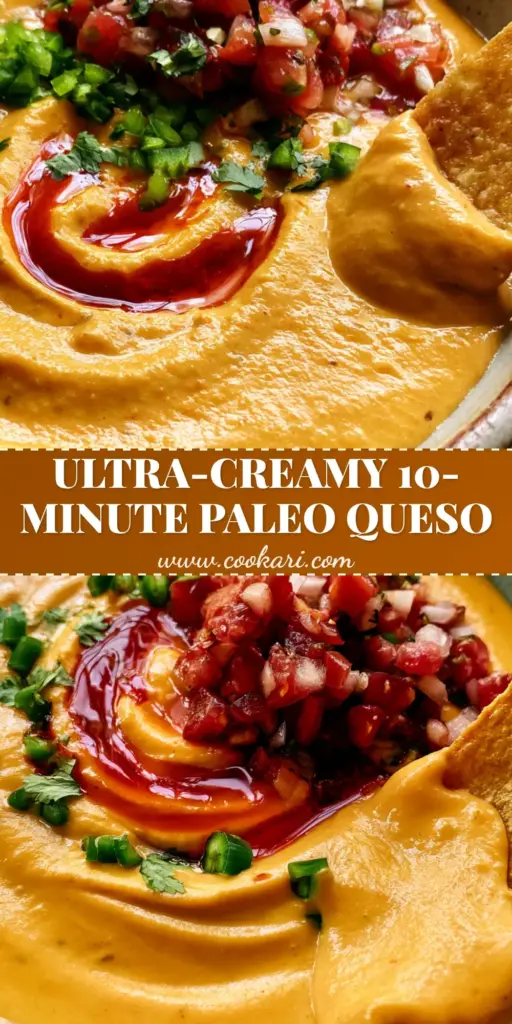 Whole30 Chili Con Queso: The Ultimate Silky Cashew Cheese Dip 4 A ceramic bowl of Whole30 Chili Con Queso with a red chili oil swirl and a grain-free chip dipped in.