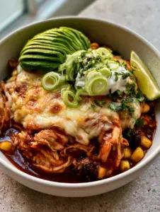 Close up shot of bubbly melted Mexican cheese over shredded chicken in red sauce. (chicken enchilada bowls)